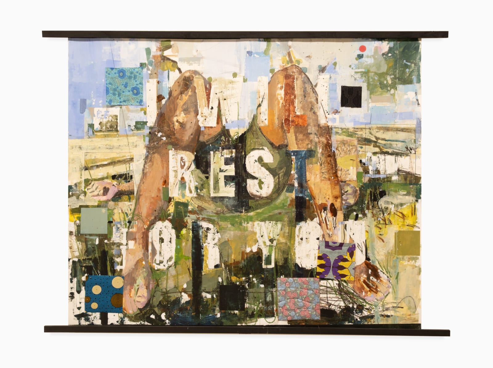 A collaged painting on canvas by Sean Clark. Behind the collaged abstraction, a pair of legs bent at the knees are visible behind the words I WILL REST FOR YOU