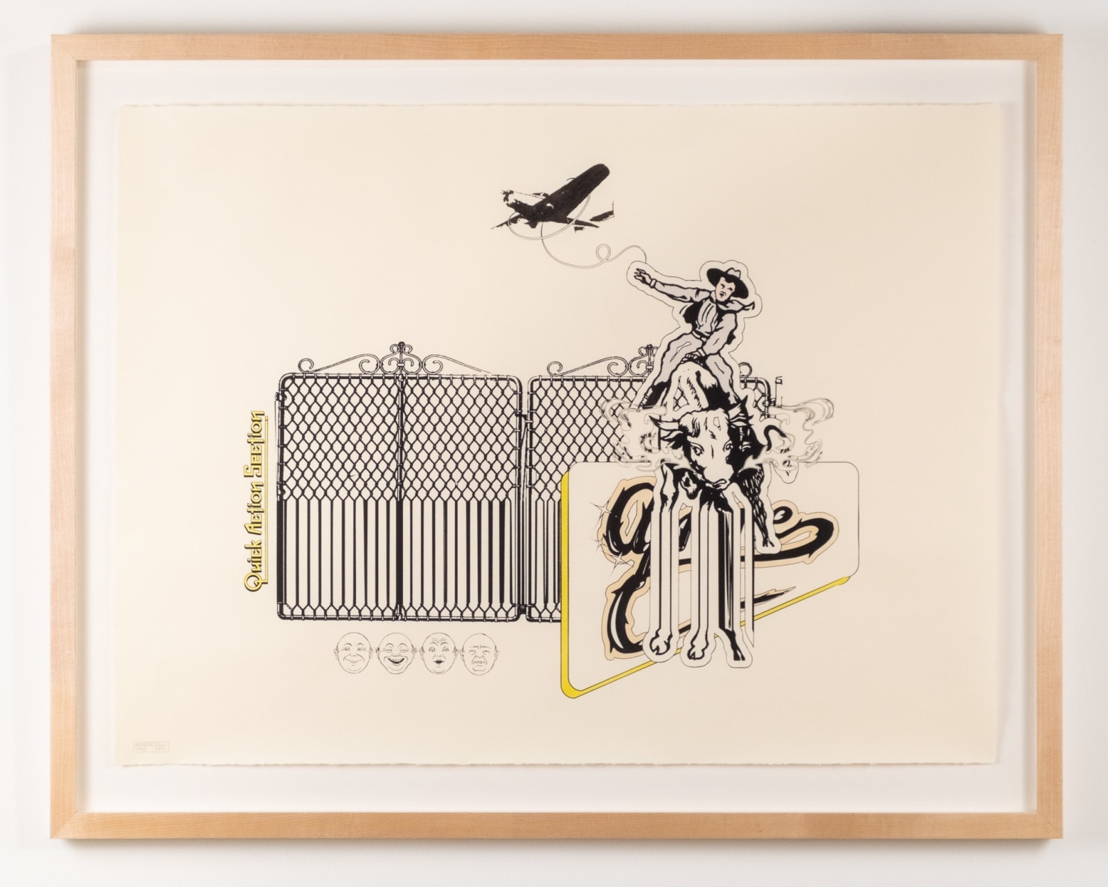 A work on paper by NH DePass. A hand-drawn cartoon cowboy rides a screen printed cartoon bull while an airplane flies overhead. An illegible sign in black, white, and yellow floats behind them, along with a distorted chainlink fence. To the right of the fence reads
