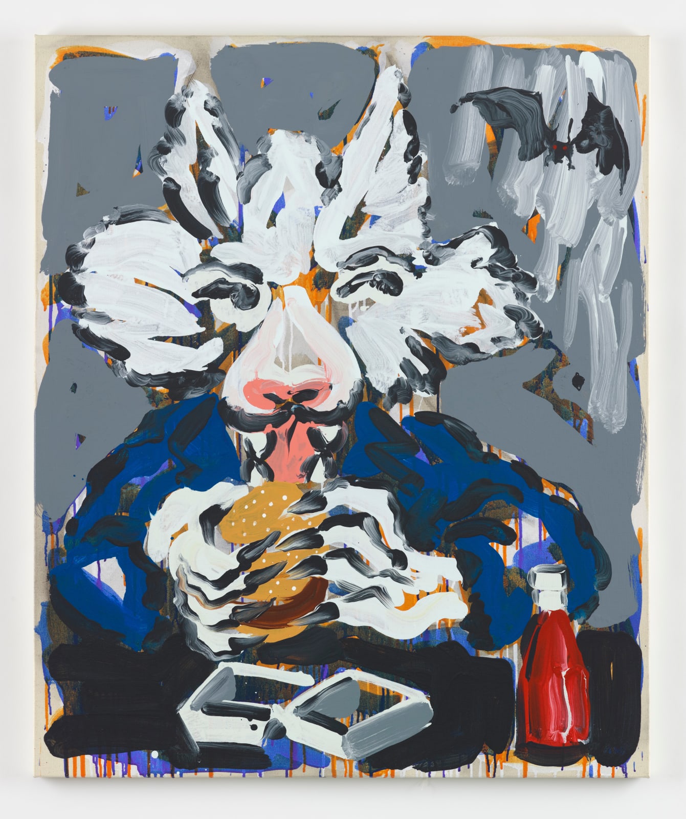 A painting by David Surman inspired by Jørgen Leth's film of Andy Warhol eating a hamburger. The painting shows a front on portrait of a white wolf-man about to take a bit of a hamburger with a seeded bun. On the table before him is a paper hamburger package and a bottle of red ketchup. His gaze goes to the top right corner of the frame where a small black bat flits against the gray background. The wolf wears a dark blue jacket.