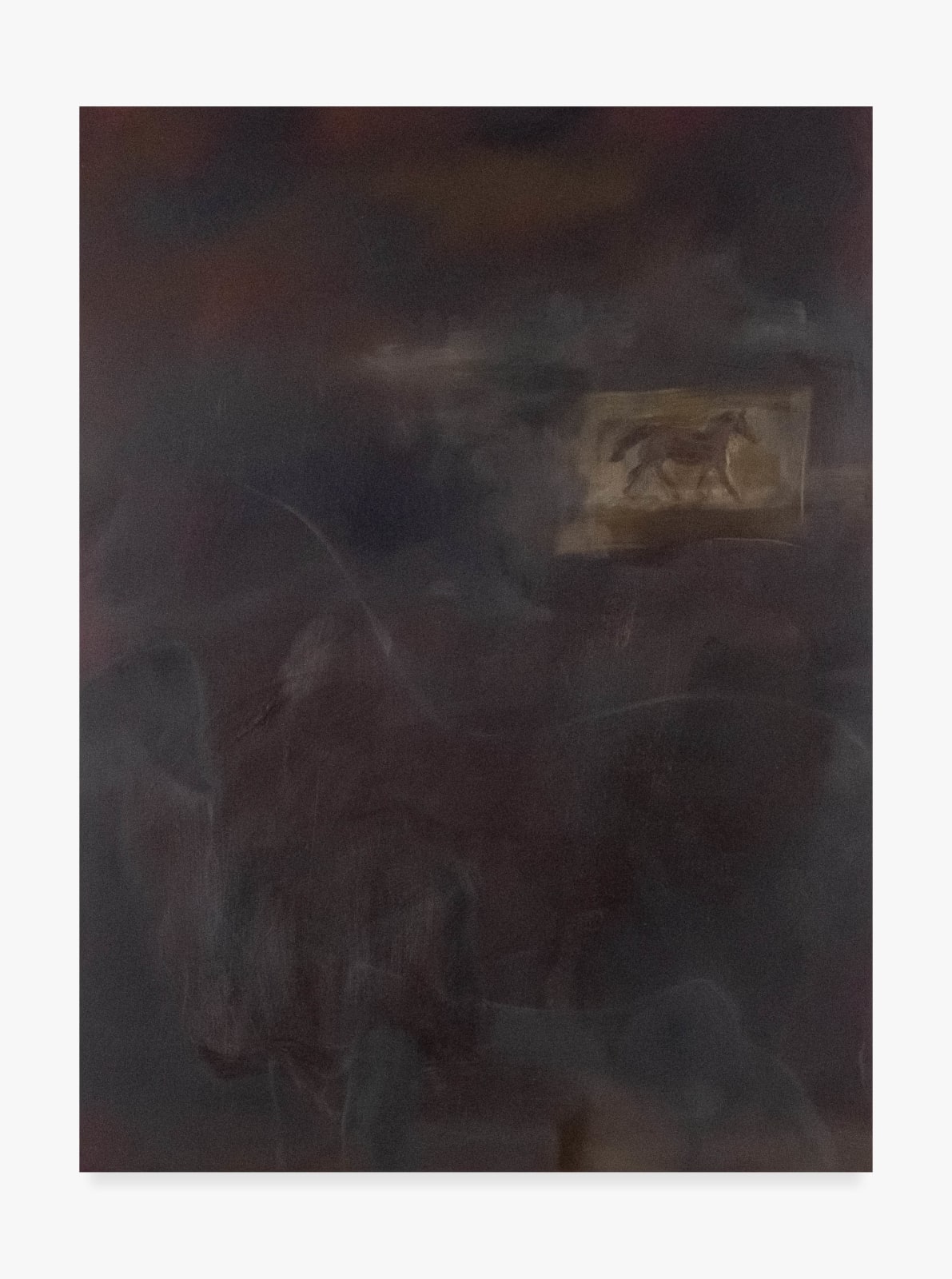 A painting by Emily DiPalo featuring a dark brownish smooth painted canvas. Within the darkness the outlines of two horses gradually appear.