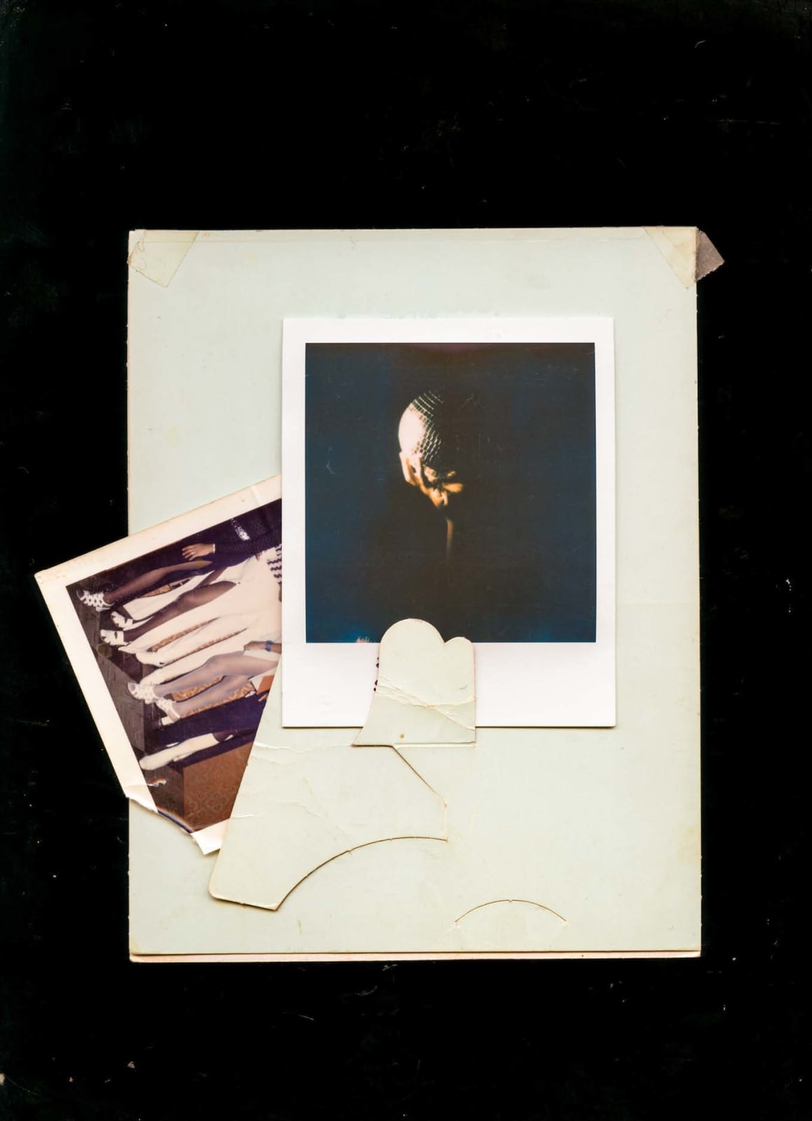 A scanned collage by Shabez Jamal showing faded or discolored family photographs intermixed with contemporary self portraits of the artist. Dust and smudges from the scanner plate surround each photograph.