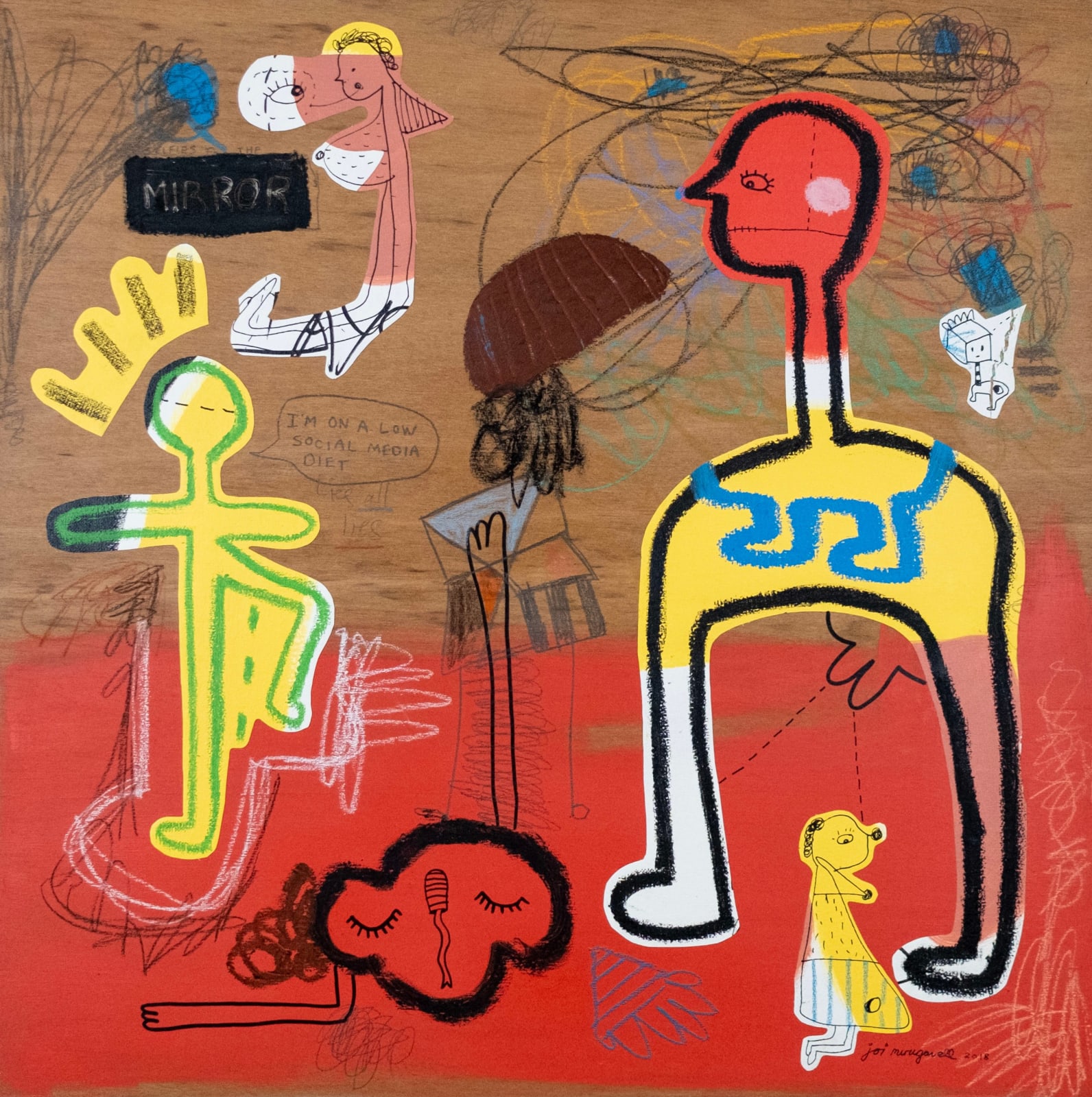 An abstract painting by Joi Murugavell of colorful cartoon figures and random words on a square plywood panel.