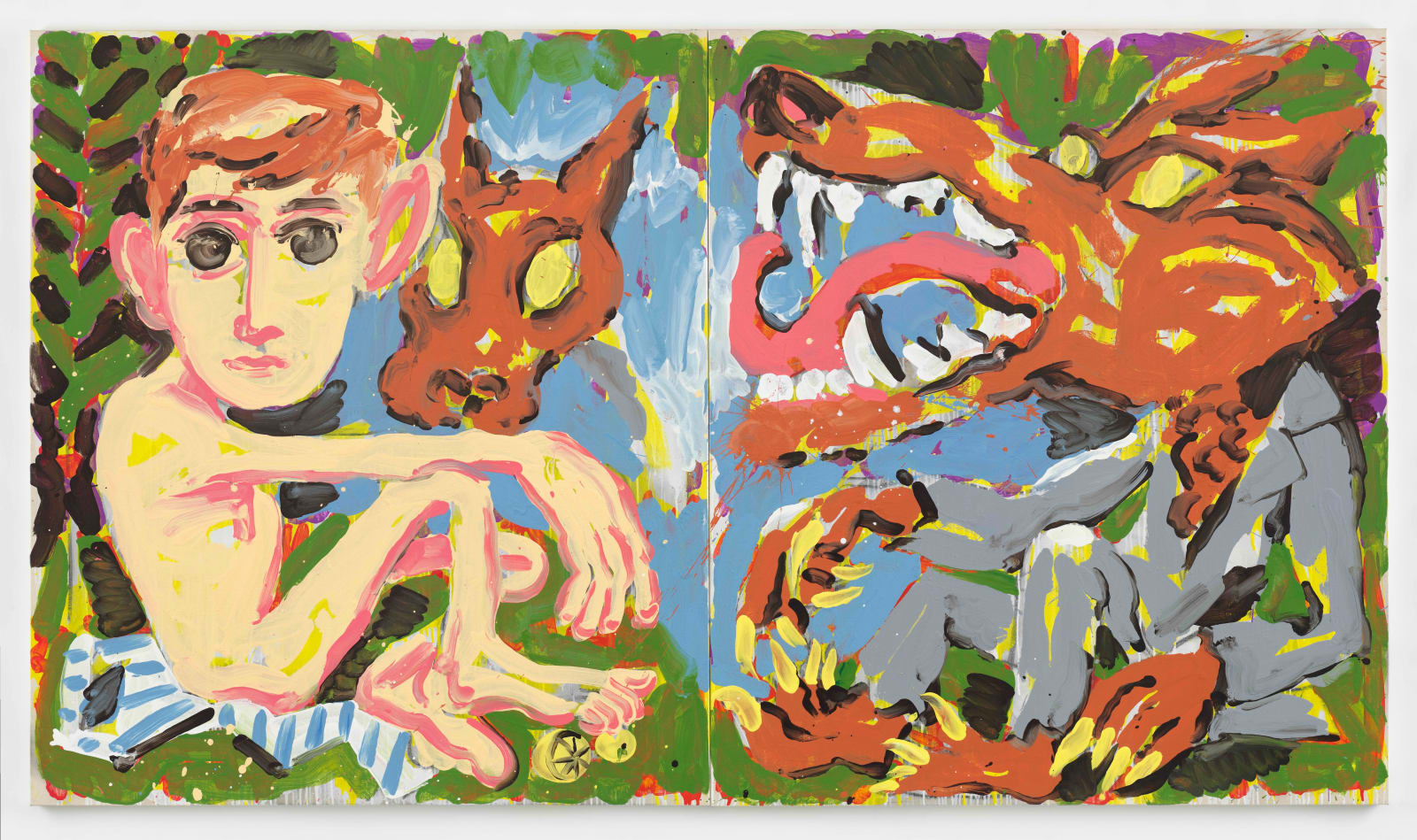 A painting by David Surman referencing Edouard Manet's Lunch on the Grass, featuring two abstracted werewolves with yellow eyes and a nude young man looking directly at the viewer.