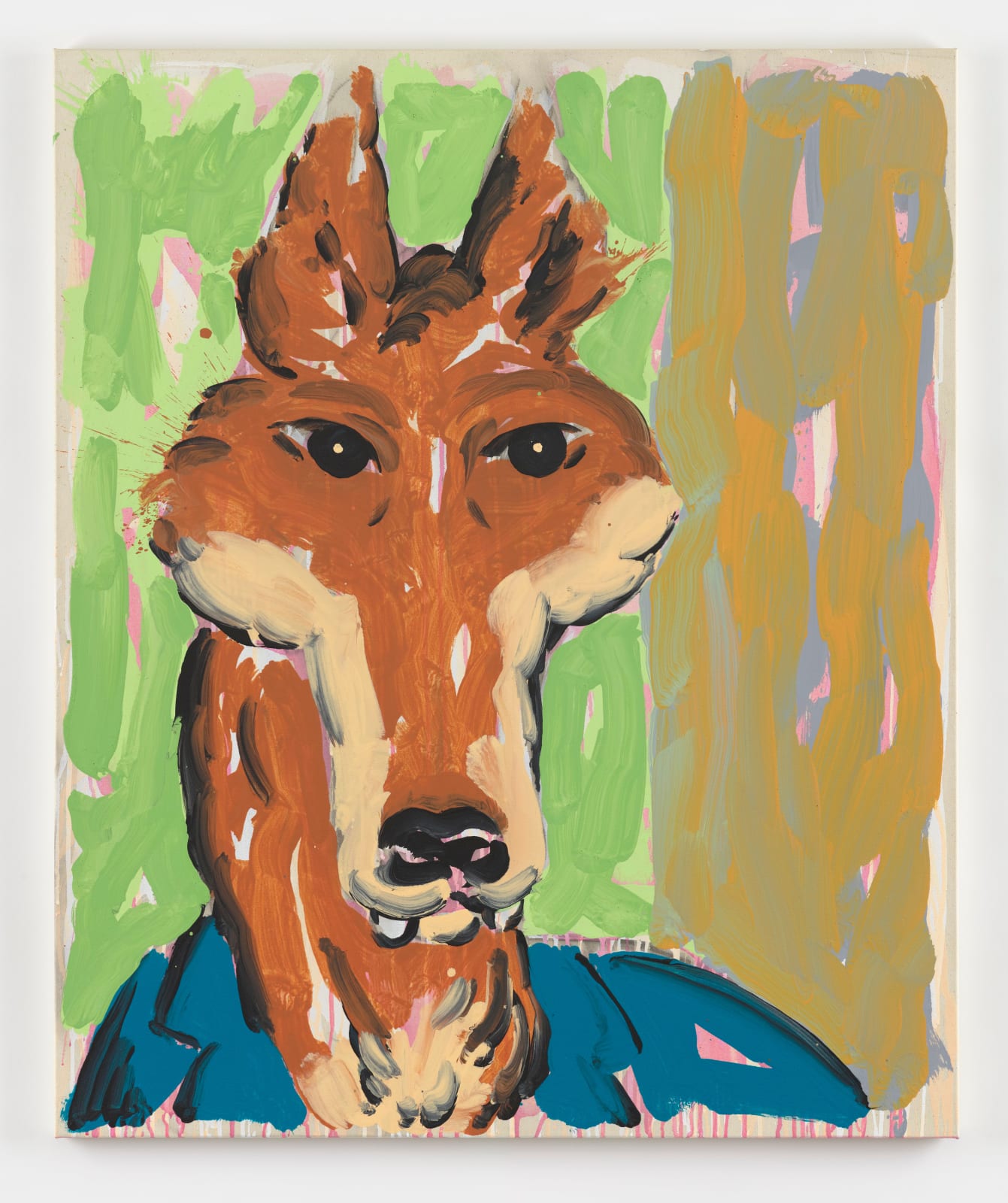 A painting by David Surman rendered in stylistic homage to the artist Amadeo Modigliani. The painting shows an anthropomorphic wolf figure from the neck up. The figure's long face and snout are painted in different shades of fawny brown against a green and ochre background. His eyes gaze off to the right edge of the frame and he wears a teal collared jacket. Both his ears stick straight up and two white fangs poke out below his nose.