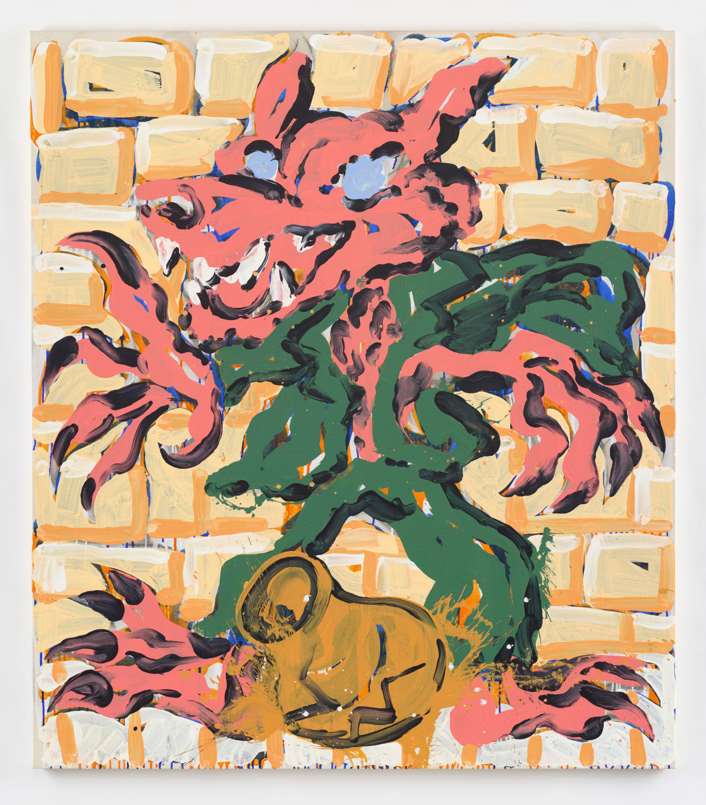 A painting by David Surman referencing Ai Weiwei's conceptual photograph 'Dropping a Han Dynasty Urn' that shows a grinning pink werewolf in a green suit dropping an ochre vase that cracks upon hitting the ground.