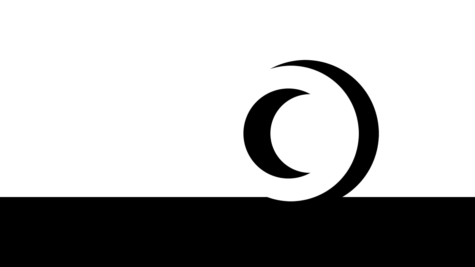 Frames from a video simulation by Ian Gouldstone that features a multiple circles that move slowly around the screen, changing between black and white along with the moving background, at times overlapping to briefly reconcile into familiar shapes such as planets in eclipse.