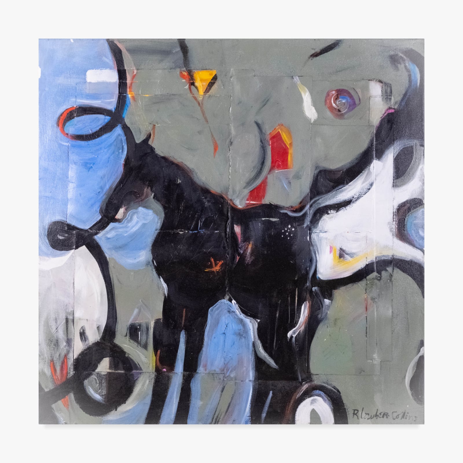 A painting by Rebecca Lowber-Collins of an abstracted black horse done in broad gestural strokes against a gray, blue, and white background.