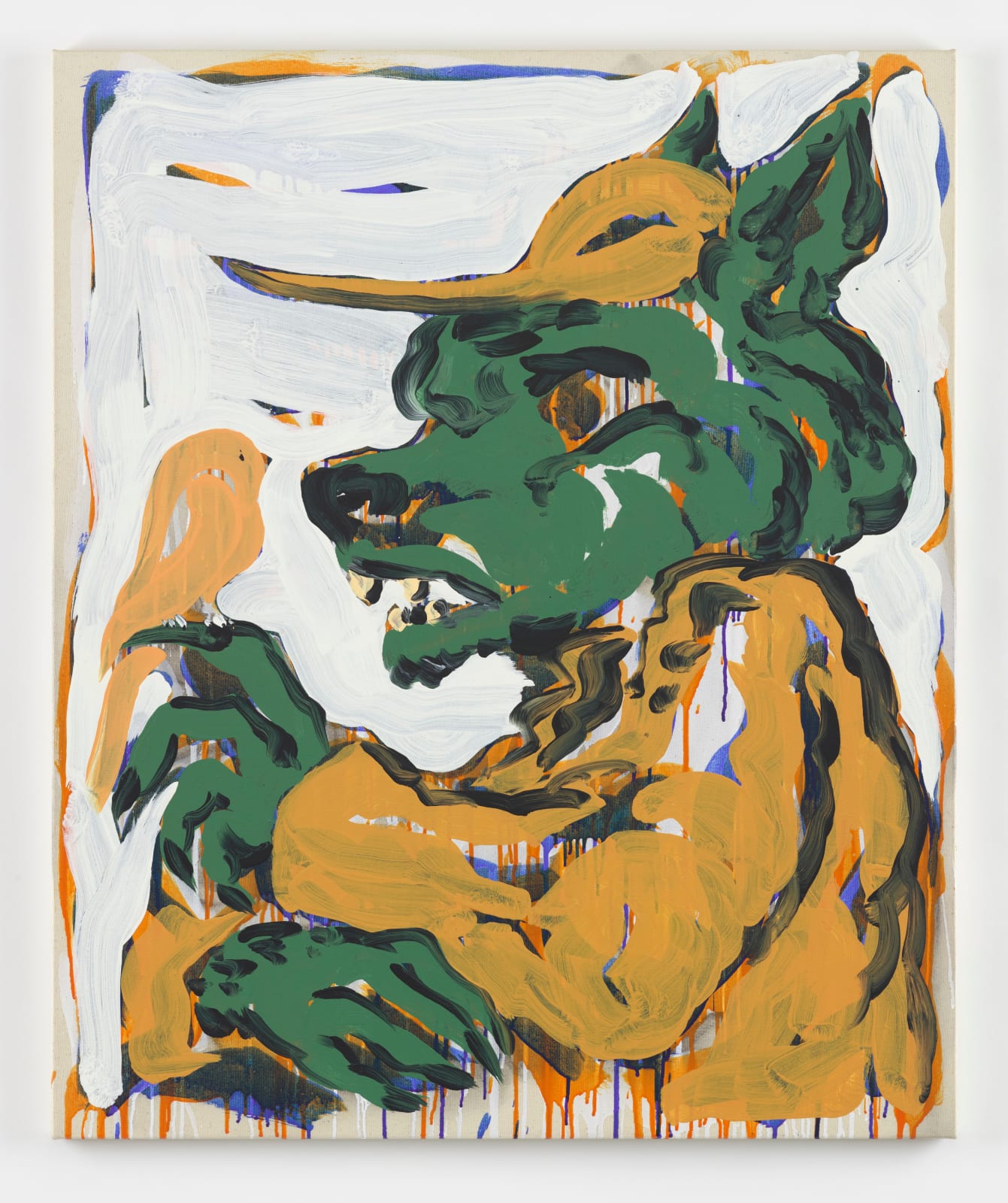A painting by David Surman in homage to Pablo Picasso's 1970 painting Femme avec Oiseau. Surman's painting shows a werewolf figure rendered in green wearing a yellow cap and jacket against a white background. A small yellow bird is perched on his green claw. The wolf has an expression of surprise as the two creatures gaze at each other.