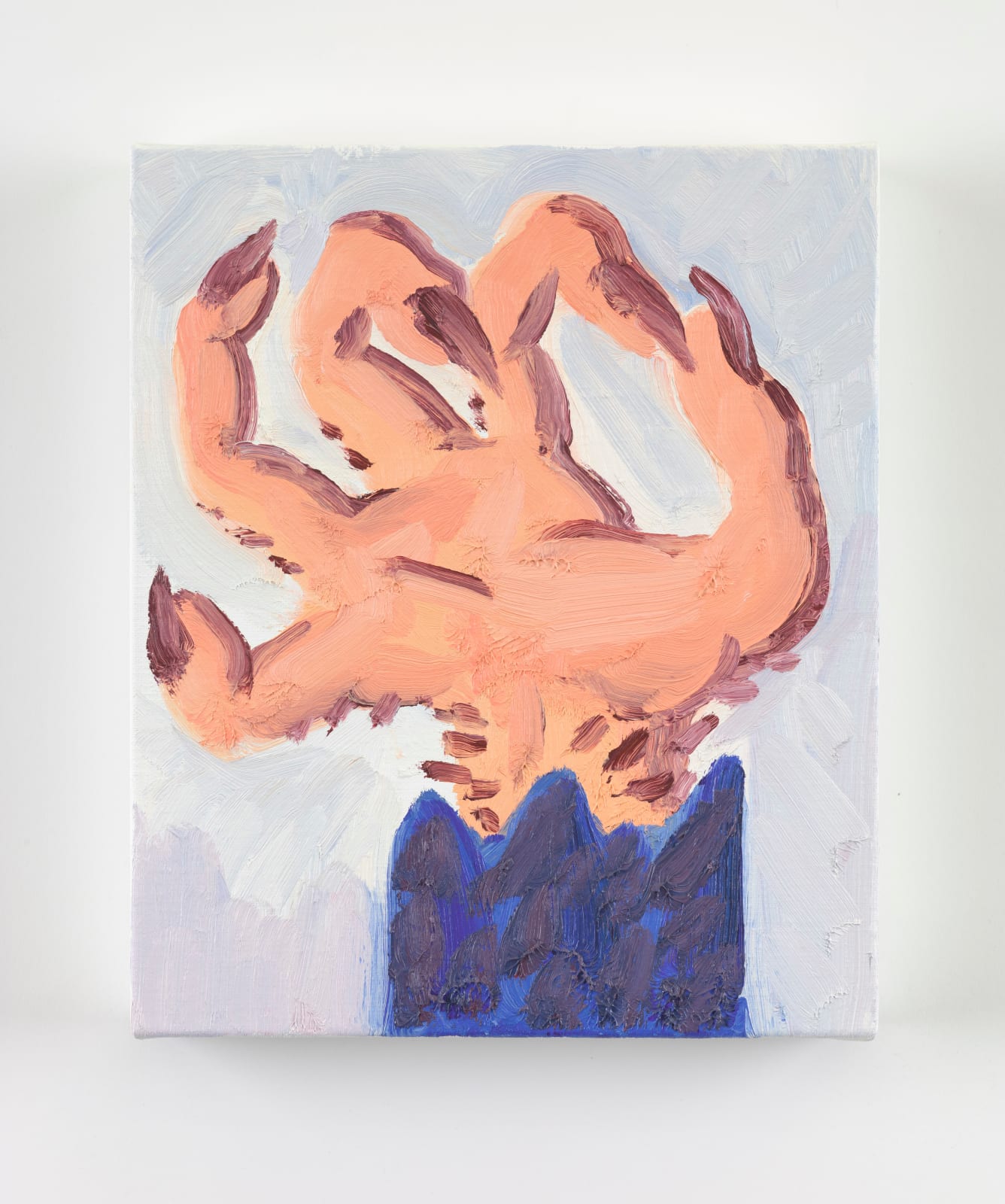 A small oil painting by David Surman of a disembodied cartoon werewolf hand. The hand is tensed as though mid-transformation. It has fur and talons, and emerges from a ripped blue sleeve along the bottom edge of the frame.
