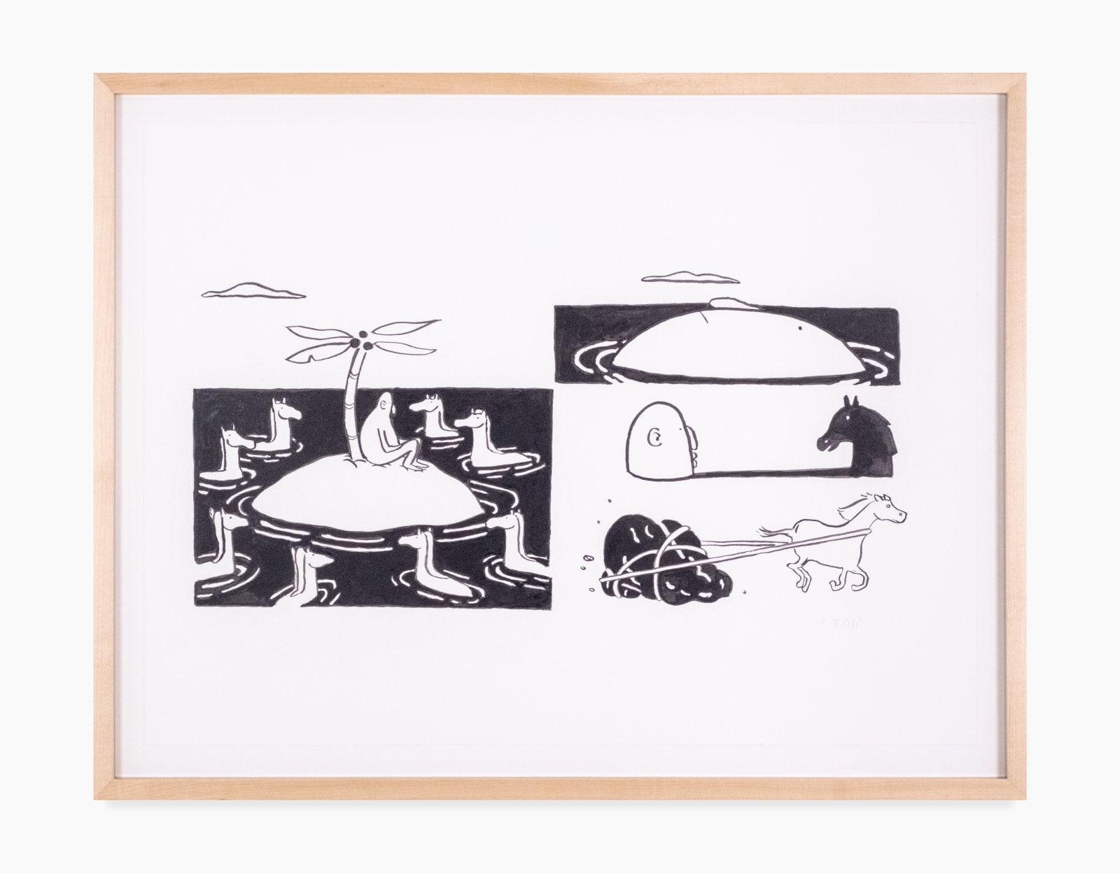 A black and white cartoon drawing by Colin Tom of a man stranded on a deserted island. He sits against a single palm tree. The island is encircled by swimming horses. To the right, a man casts a shadow in the shape of a horse. Above, the sam man's face floats in the water as an island. Bottom right shows a white galloping horse pulling an amorphous black shape by a rope.