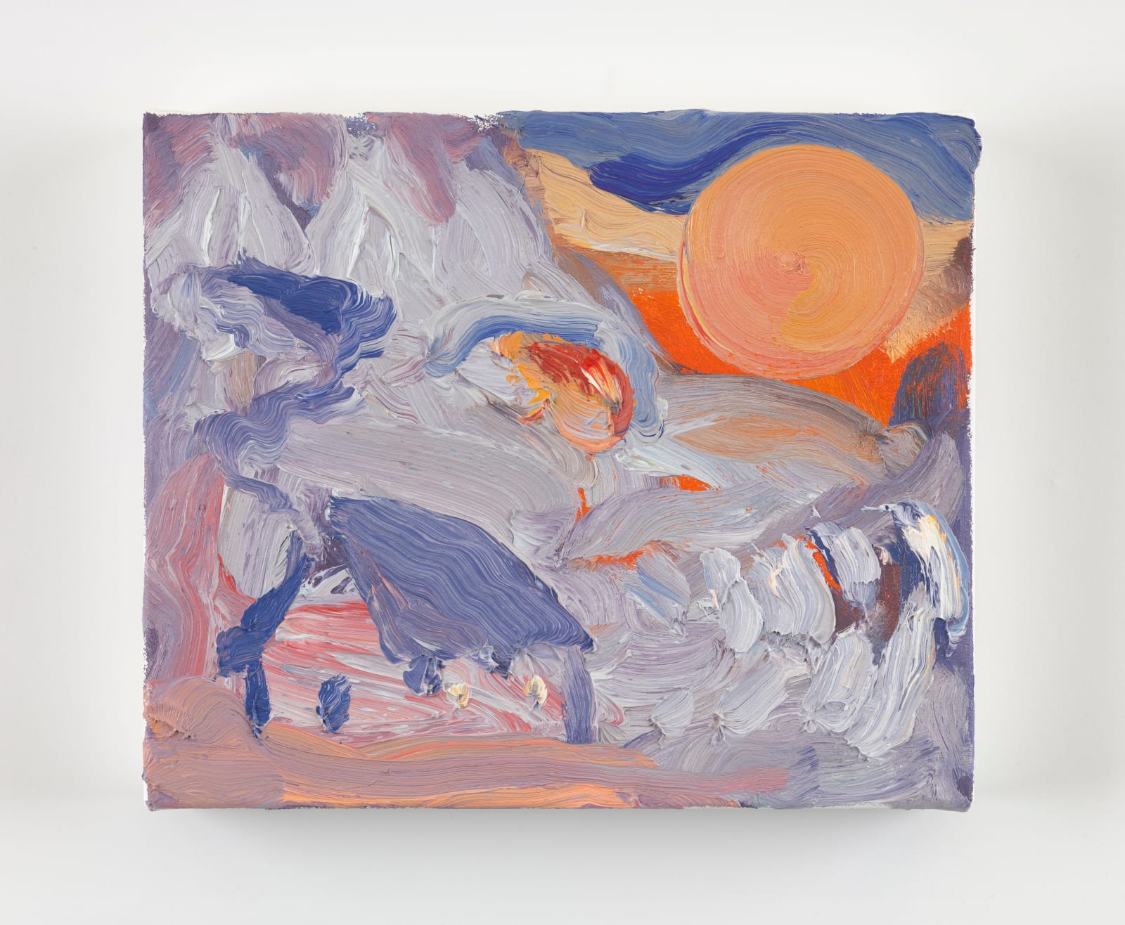 A small oil painting by David Surman featuring an abstracted wolf's head in profile. Above his snout a full yellow sun seems to set. In front of his head is a small blue house with a smoke plume rising up from its chimney.
