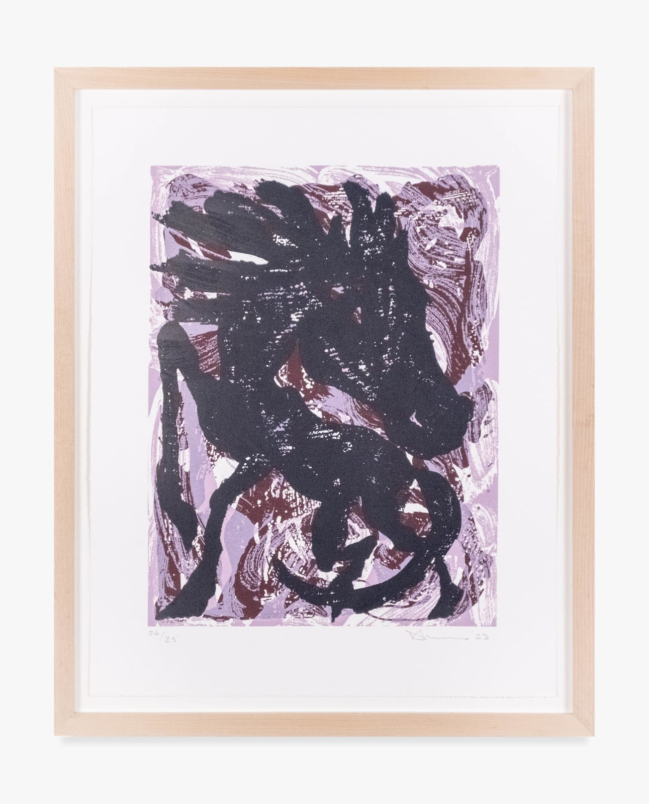 Etched linograph relief print by David Surman of an abstracted horse in deep violet against a lavender background. The marks are gestural like in a painting.