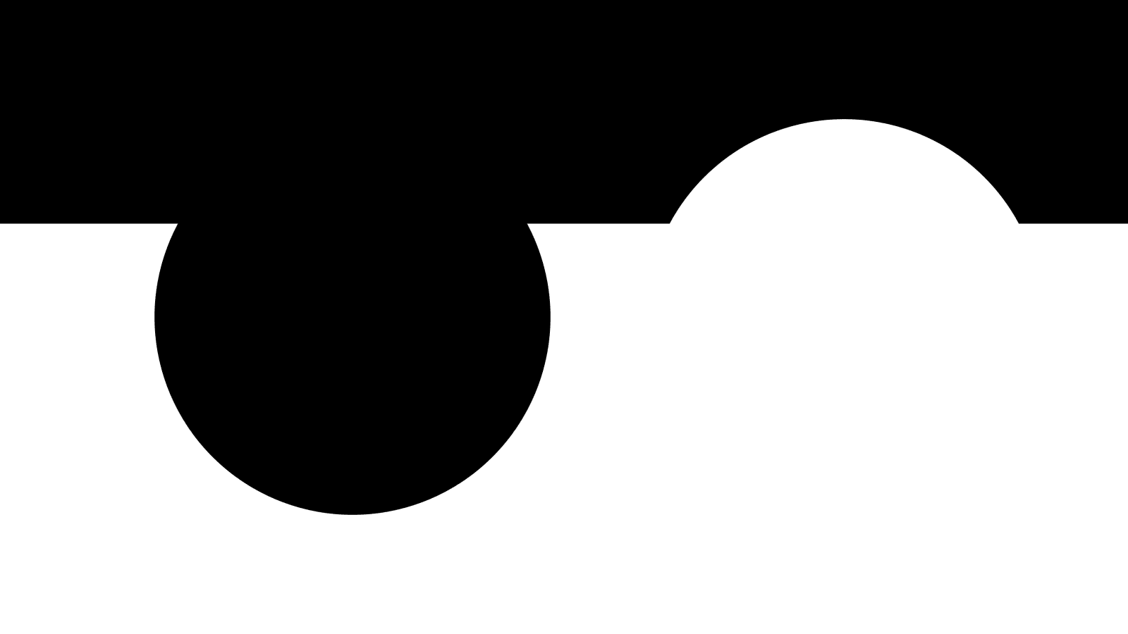 Frames from a video simulation by Ian Gouldstone that features a multiple circles that move slowly around the screen, changing between black and white along with the moving background, at times overlapping to briefly reconcile into familiar shapes such as planets in eclipse.