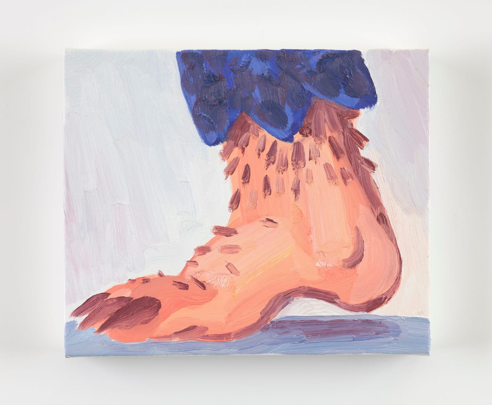 A small oil painting by David Surman of a disembodied werewolf foot. The foot is furry and taloned, emerging from a dark blue torn pant leg at the top edge of the frame.