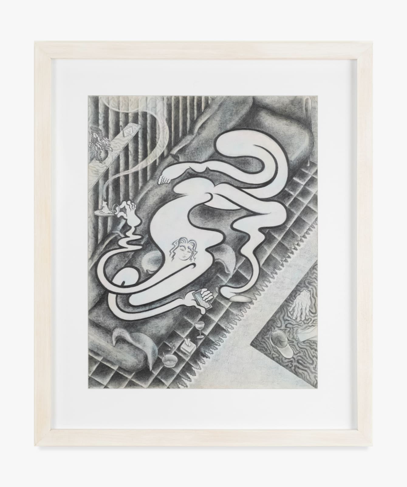 A graphite drawing by Erica Westenberger of an abstracted female figure with long twisting limbs. She is laid across a sofa with a candle in one hand. A plume of smoke drifts up from the candle as though it has just been blown out. On the ground next to her sits a glass of wine and a cigarette in an ashtray.