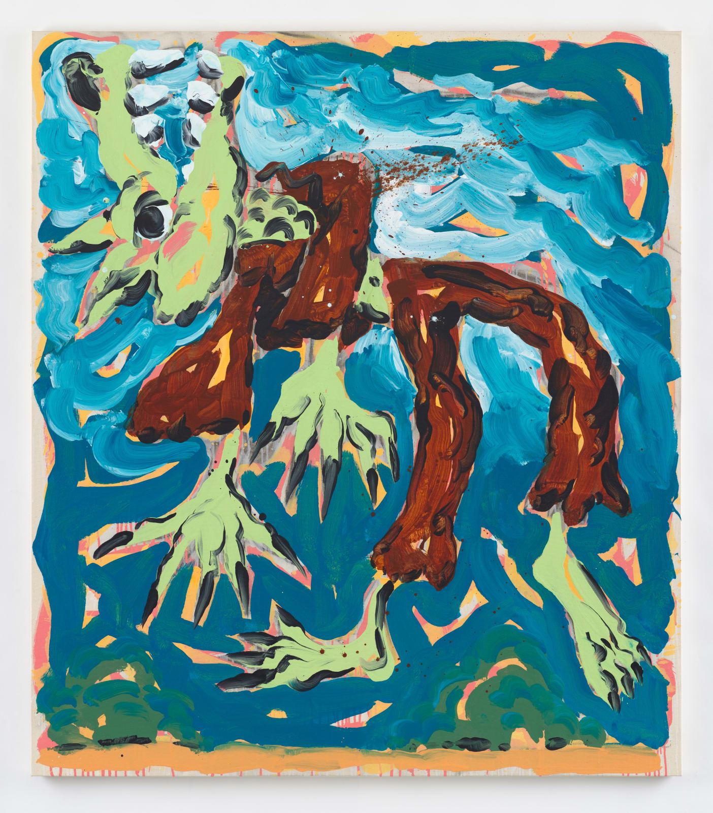A painting by David Surman based on Francisco Goya's painting The Straw Manikin. This painting shows a green werewolf figure against a blue background with limbs all akimbo as though he were a rag doll. He wears a brown raggedy suit and his mouth is open with large fangs visible.