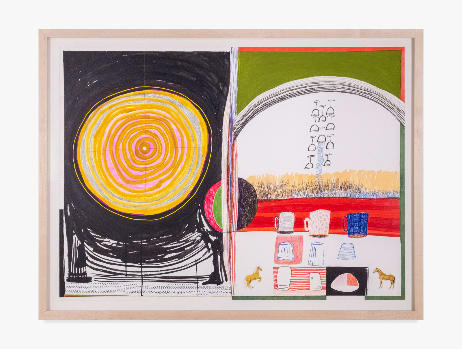 A painting by E Marshall that depicts a canvas split into two sides, one with a black background a yellow and pink concentric circles on the left. The other half, to the right, depicts cups falling from a white plain, with horses flanking each side of the bottom of the image