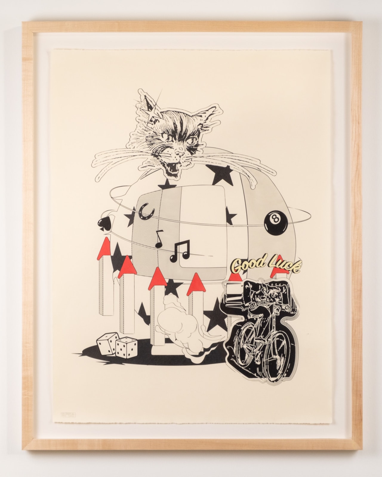 A work on paper by NH DePass. An old time cyclist rides towards the bottom right corner of the work. Behind him a shaded sphere rotates with an 8 ball orbiting around. A hand drawn cartoon bobcat head glares down at the cyclist. A pair of dice set at the bottom left corner.