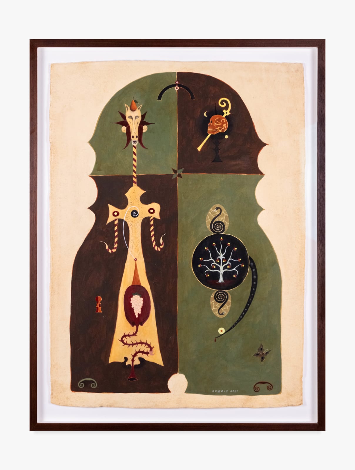 An abstract painting by Aron John Dubois. The central figure is an abstracted shape cut into quadrants of green and brown against a yellowed pulpy paper. On the left is an anthropomorphic figure with a slender horse head. The top right quadrant shows a pink-red skeleton against a sky with two moons. The bottom right shows a pale white tree against a dark circular background. Two snakes curl from the top and bottom of the circle.