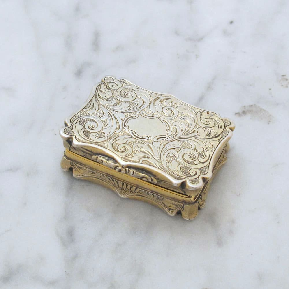 Nathaniel Mills, A Victorian Antique English Silver-Gilt Vinaigrette, 1844
