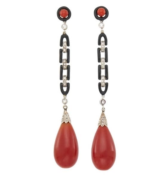 A Pair of Art Deco Coral, Diamond and Black Enamel Earrings, c. 1920