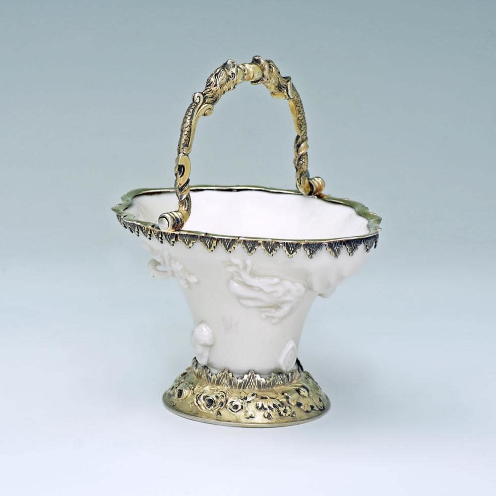 John Harvey, A George II Antique Silver-Gilt Mounted Porcelain Sweetmeat Basket, c. 1750