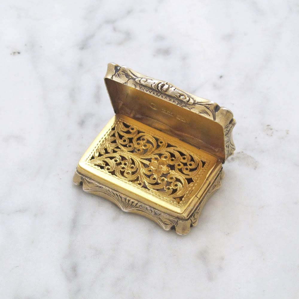 Nathaniel Mills, A Victorian Antique English Silver-Gilt Vinaigrette, 1844