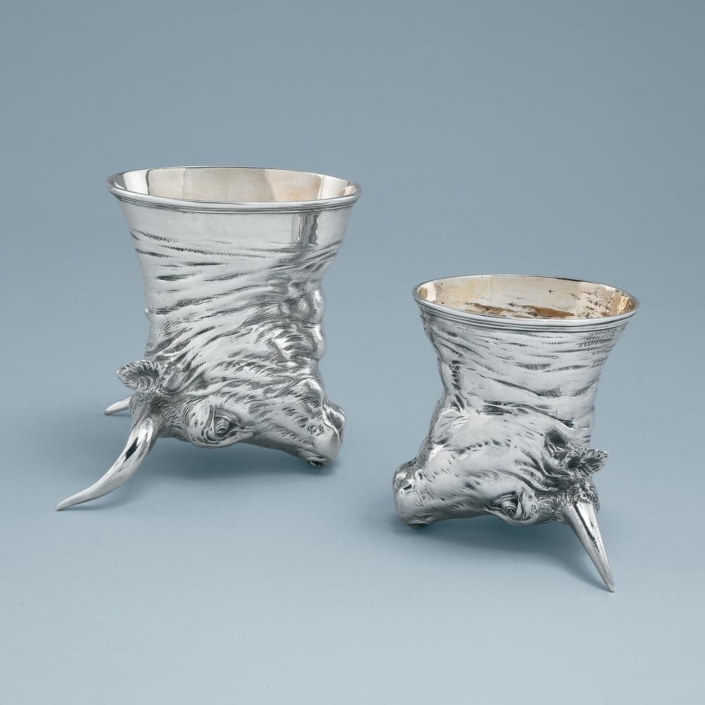 Hunt & Roskell, A Unique Set of Twelve Antique English Silver Stirrup Cups in the Forms of Bulls Heads, 1869 & 1893