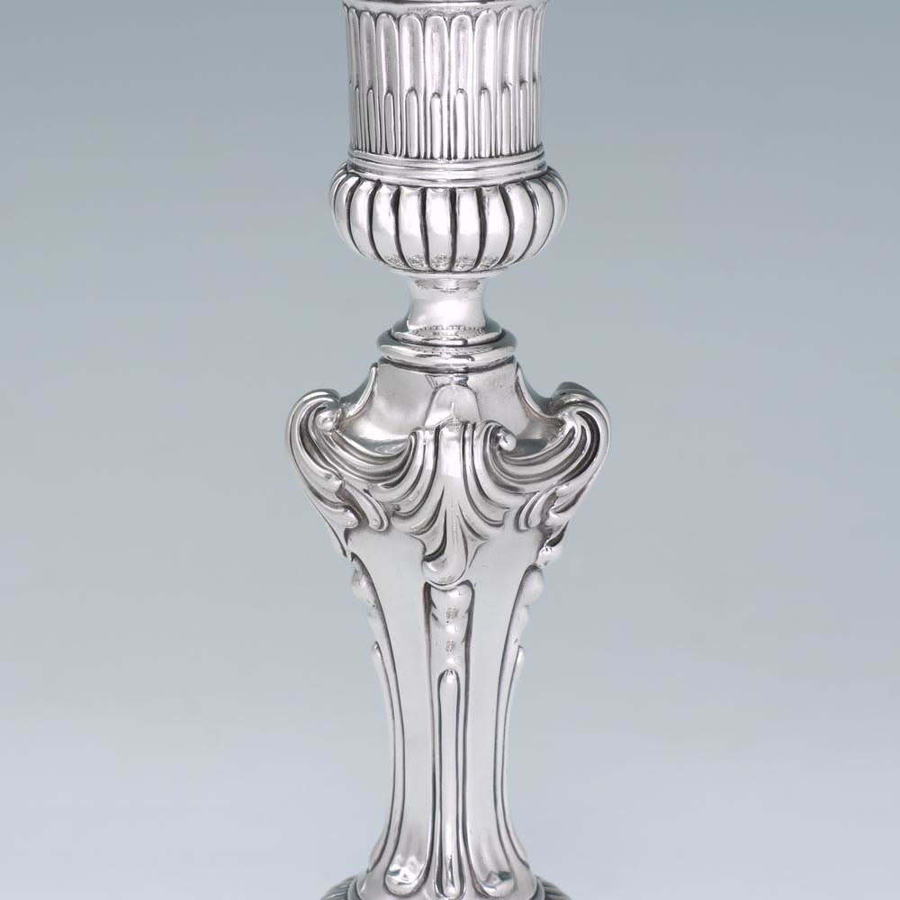 Paul de Lamerie, A Pair of George II Antique English Silver Candlesticks, 1741