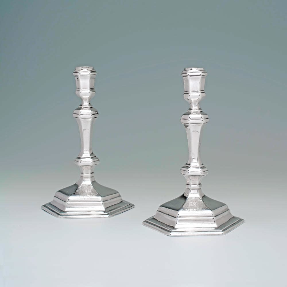 Joseph Steward, A Pair of Hexagonal George I Antique English Silver Candlesticks, 1719