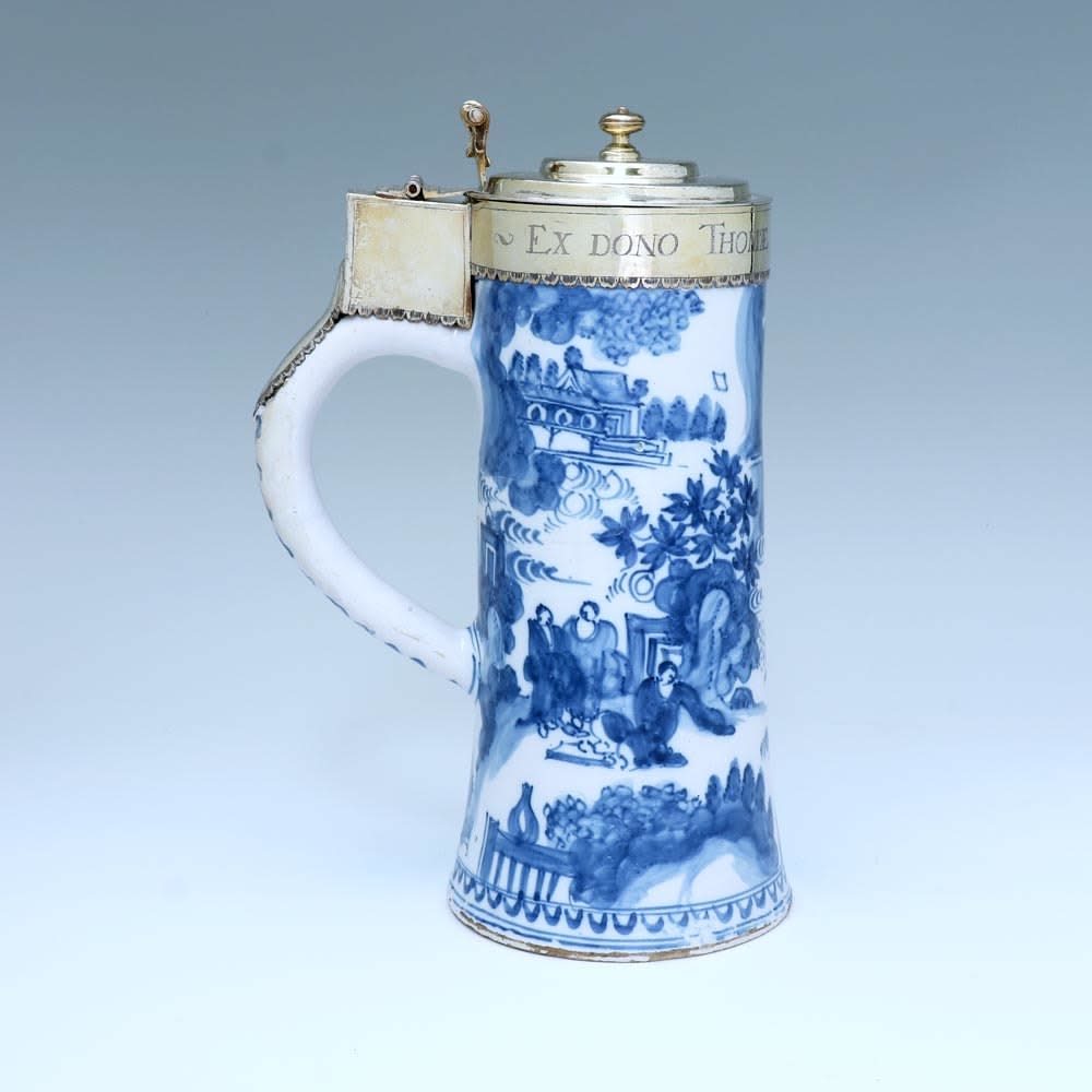 A Pair of Charles II Antique English Silver-Gilt Mounted Dutch Delftware Blue and White Flagons, 1684