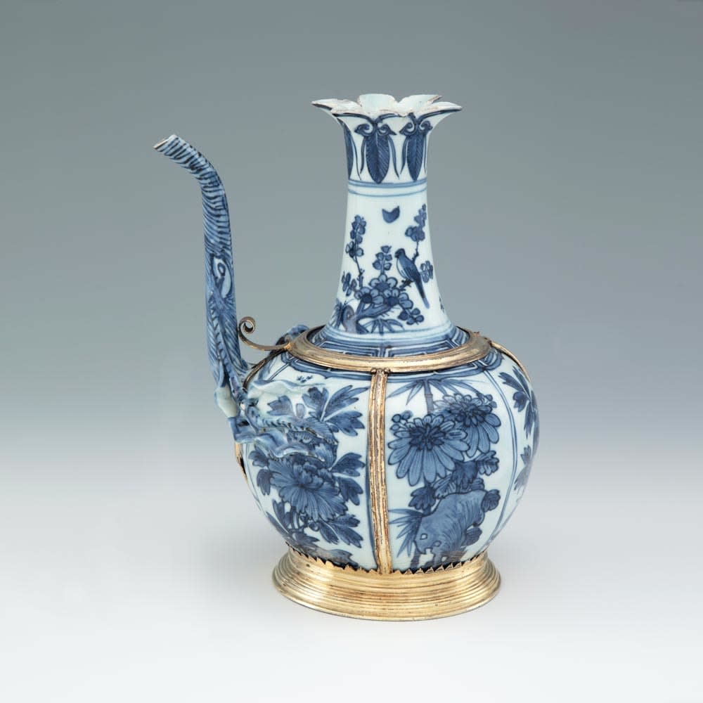 A Silver-Gilt Mounted Chinese Porcelain Blue and White Ewer, The Porcelain Late Ming Dynasty, Wanli Period (1573-1620), The Mounts Possibly English or Dutch , 1650