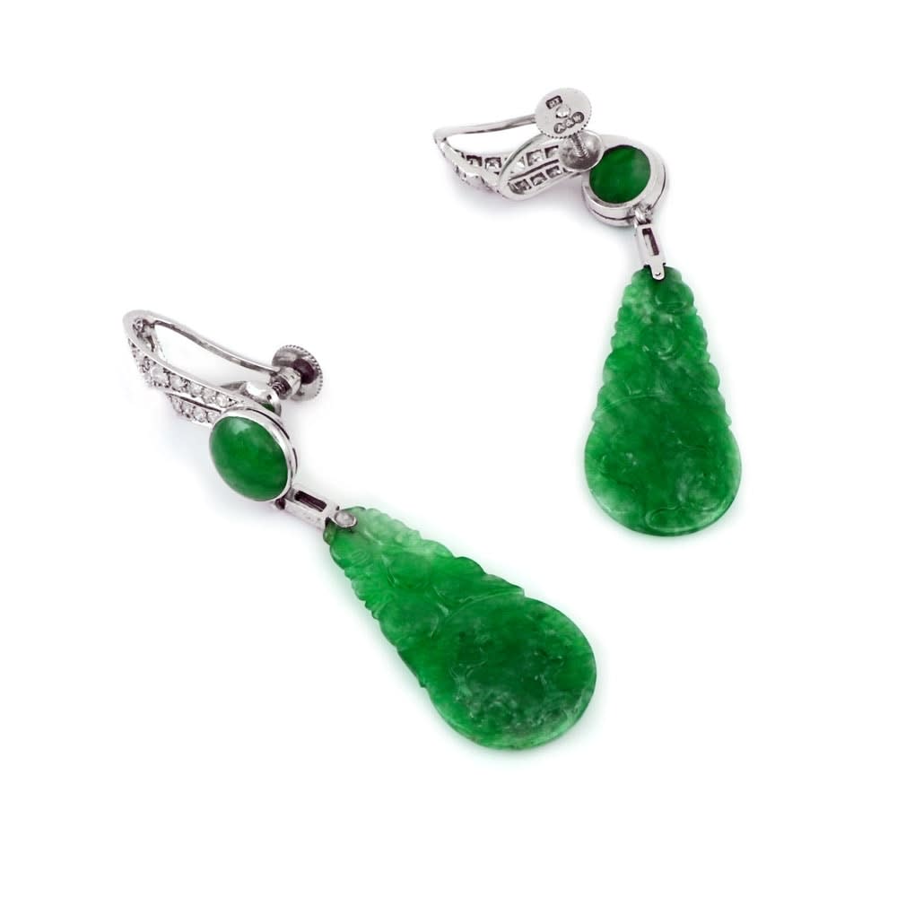 A Pair of Estate Jade Drop Earrings, c. 1950