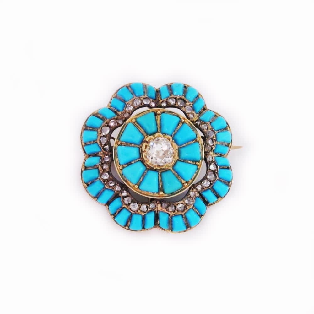 A Victorian Antique Turquoise Diamond Brooch c. 1870 S.J