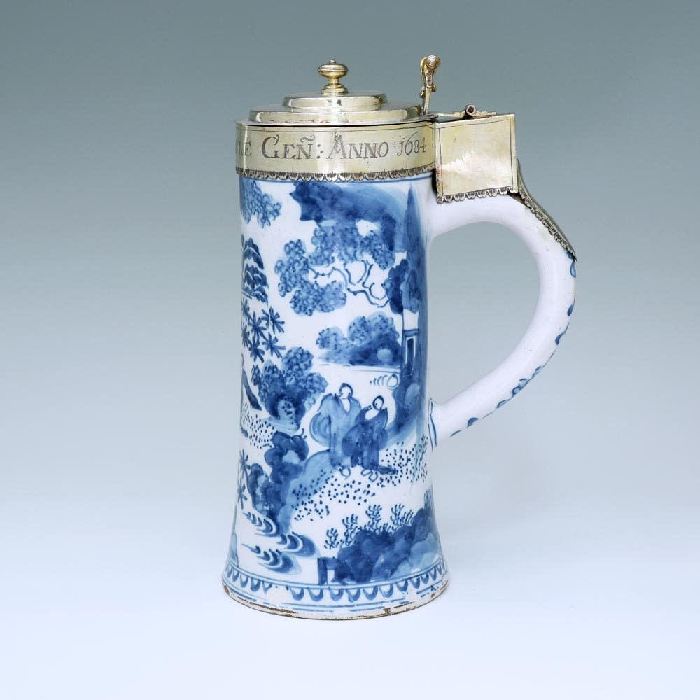 A Pair of Charles II Antique English Silver-Gilt Mounted Dutch Delftware Blue and White Flagons, 1684