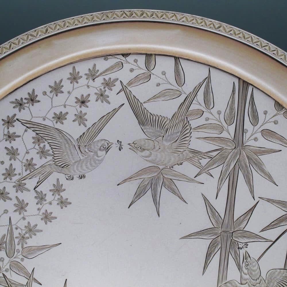 Frederick Elkington, A Pair of Aesthetic Style Antique English Silver Salvers, 1881