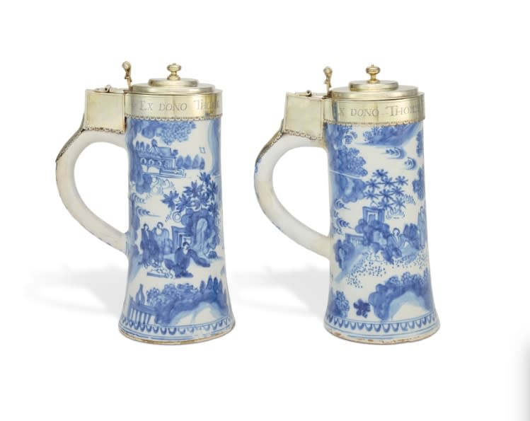 A Pair of Charles II Antique English Silver-Gilt Mounted Dutch Delftware Blue and White Flagons, 1684