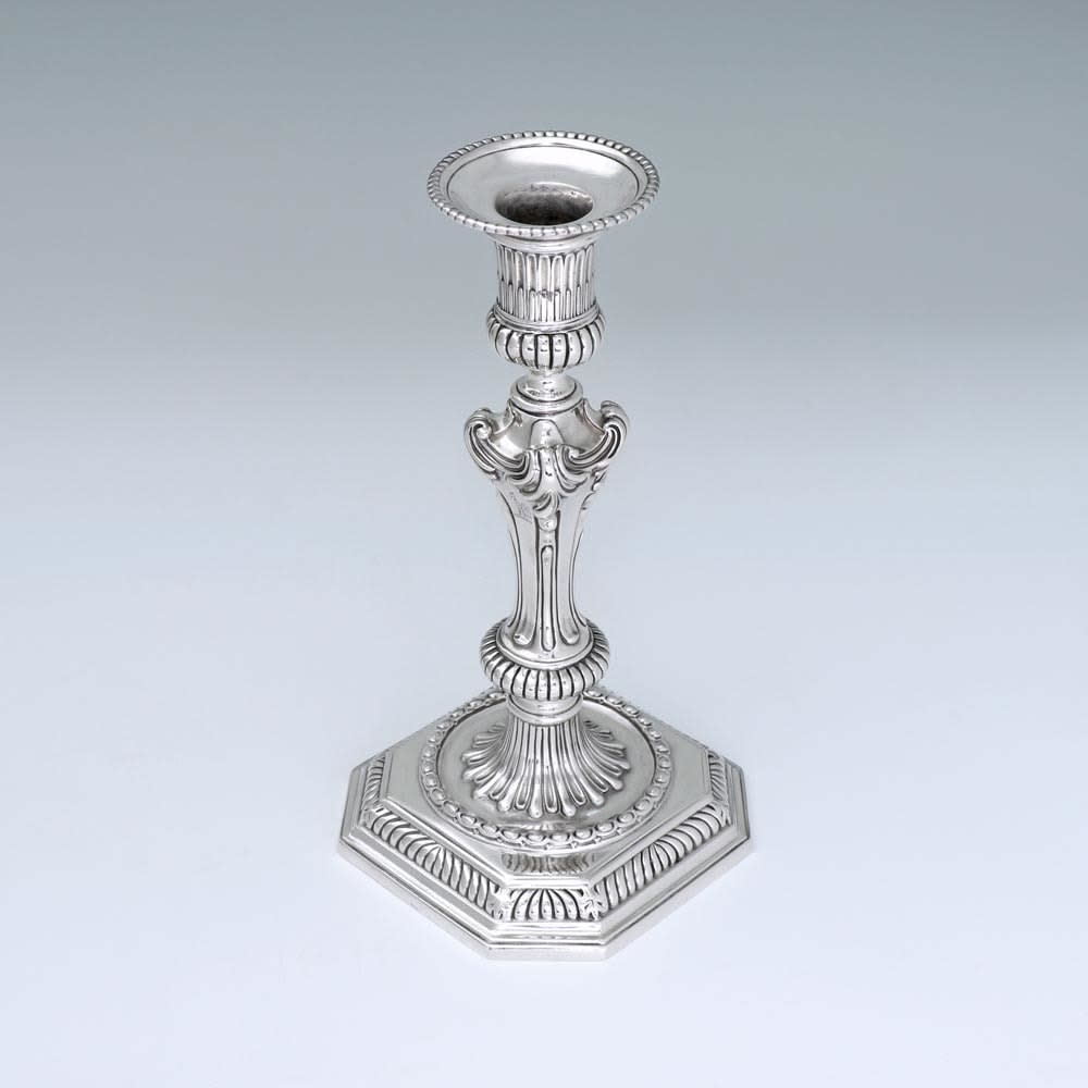 Paul de Lamerie, A Pair of George II Antique English Silver Candlesticks, 1741