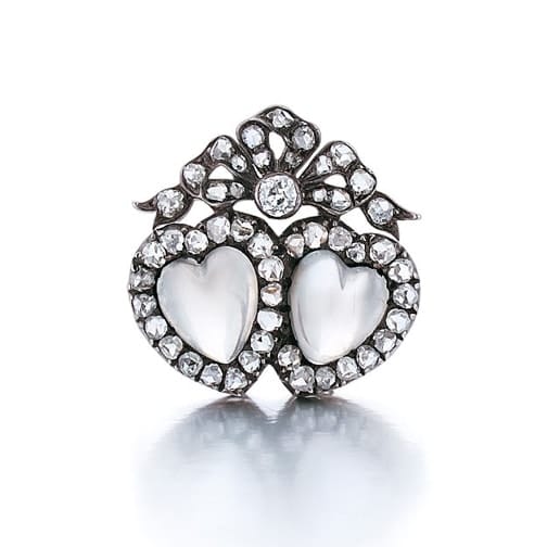 An Antique English Victorian Moonstone and Diamond Brooch, c. 1890