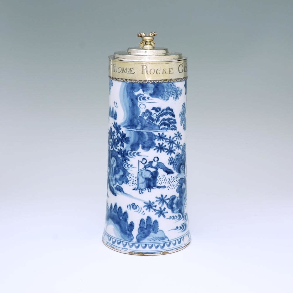 A Pair of Charles II Antique English Silver-Gilt Mounted Dutch Delftware Blue and White Flagons, 1684