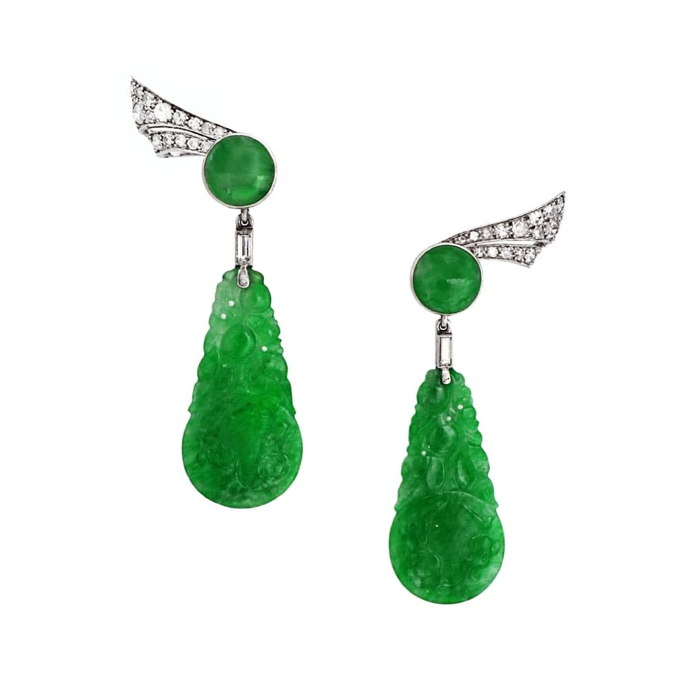 A Pair of Estate Jade Drop Earrings, c. 1950