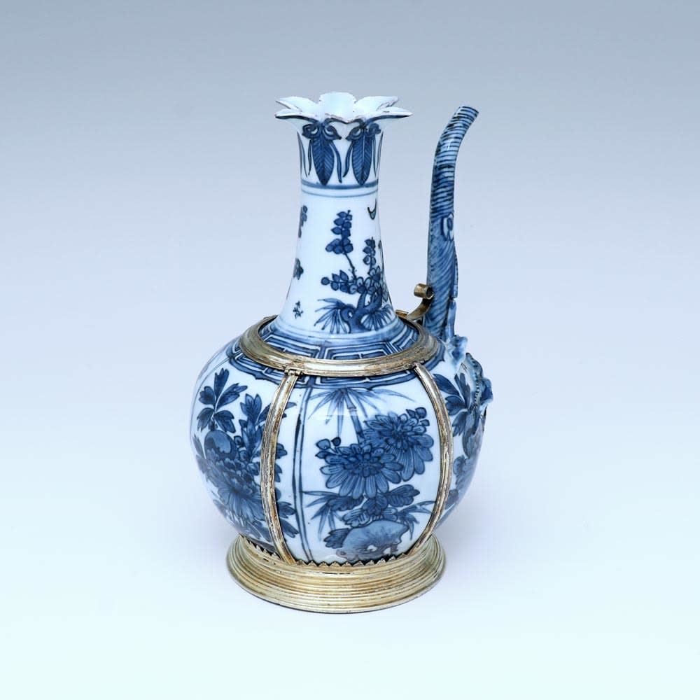 A Silver-Gilt Mounted Chinese Porcelain Blue and White Ewer, The Porcelain Late Ming Dynasty, Wanli Period (1573-1620), The Mounts Possibly English or Dutch , 17th Century