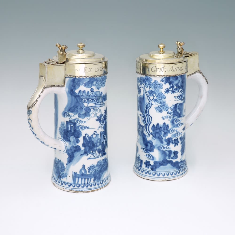 A Pair of Charles II Antique English Silver-Gilt Mounted Dutch Delftware Blue and White Flagons, 1684