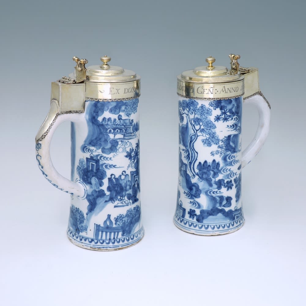 A Pair of Charles II Antique English Silver-Gilt Mounted Dutch Delftware Blue and White Flagons, 1684