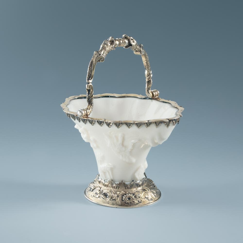 John Harvey, A George II Antique Silver-Gilt Mounted Porcelain Sweetmeat Basket, c. 1750