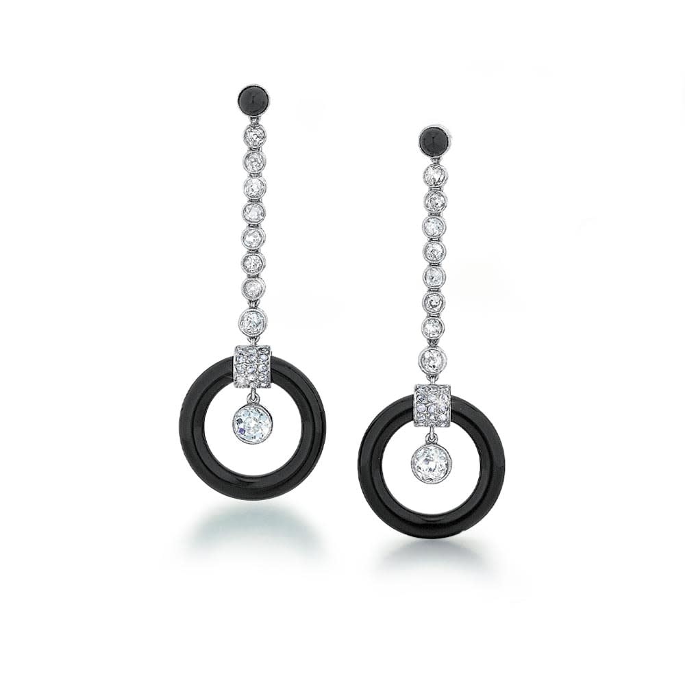 Henri Picq, A Pair of French Art Deco Onyx and Diamond Pendant Earrings, c. 1929
