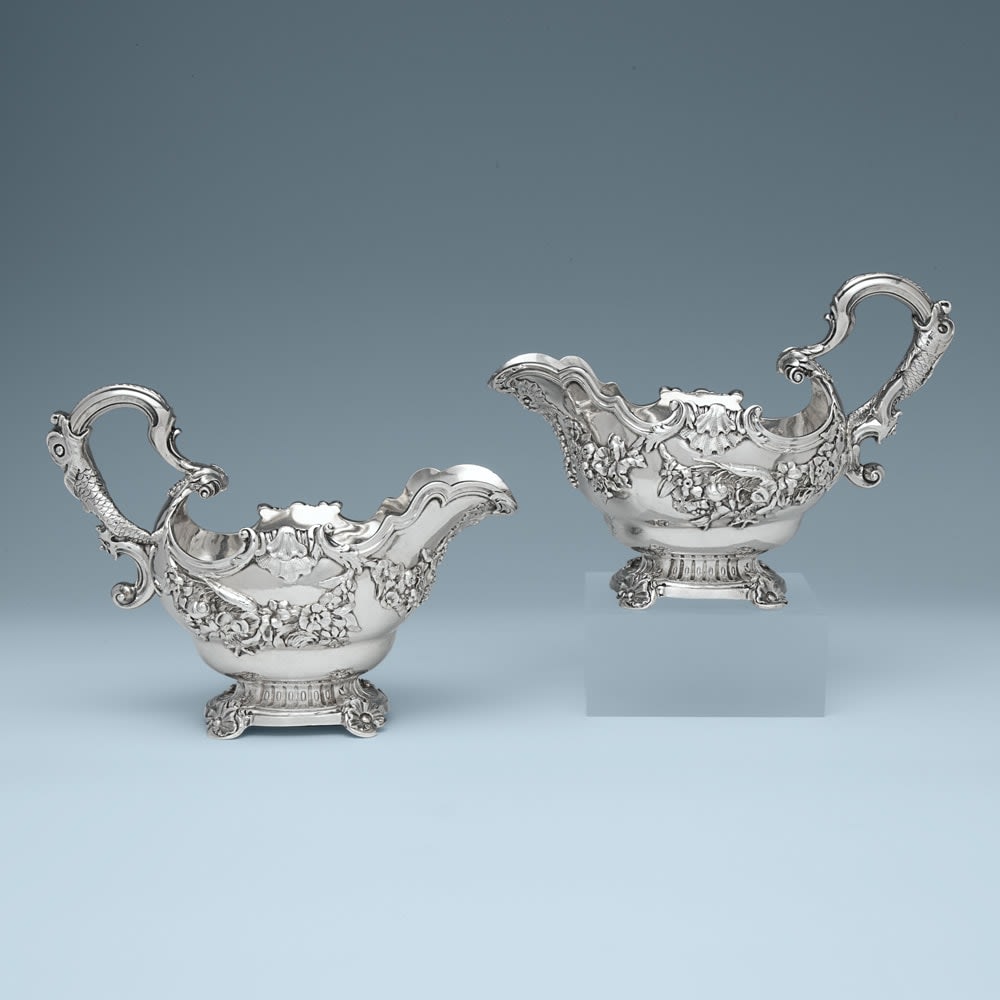 Lewis Pantin, A Pair of George II Antique English Silver Sauce Boats, 1738