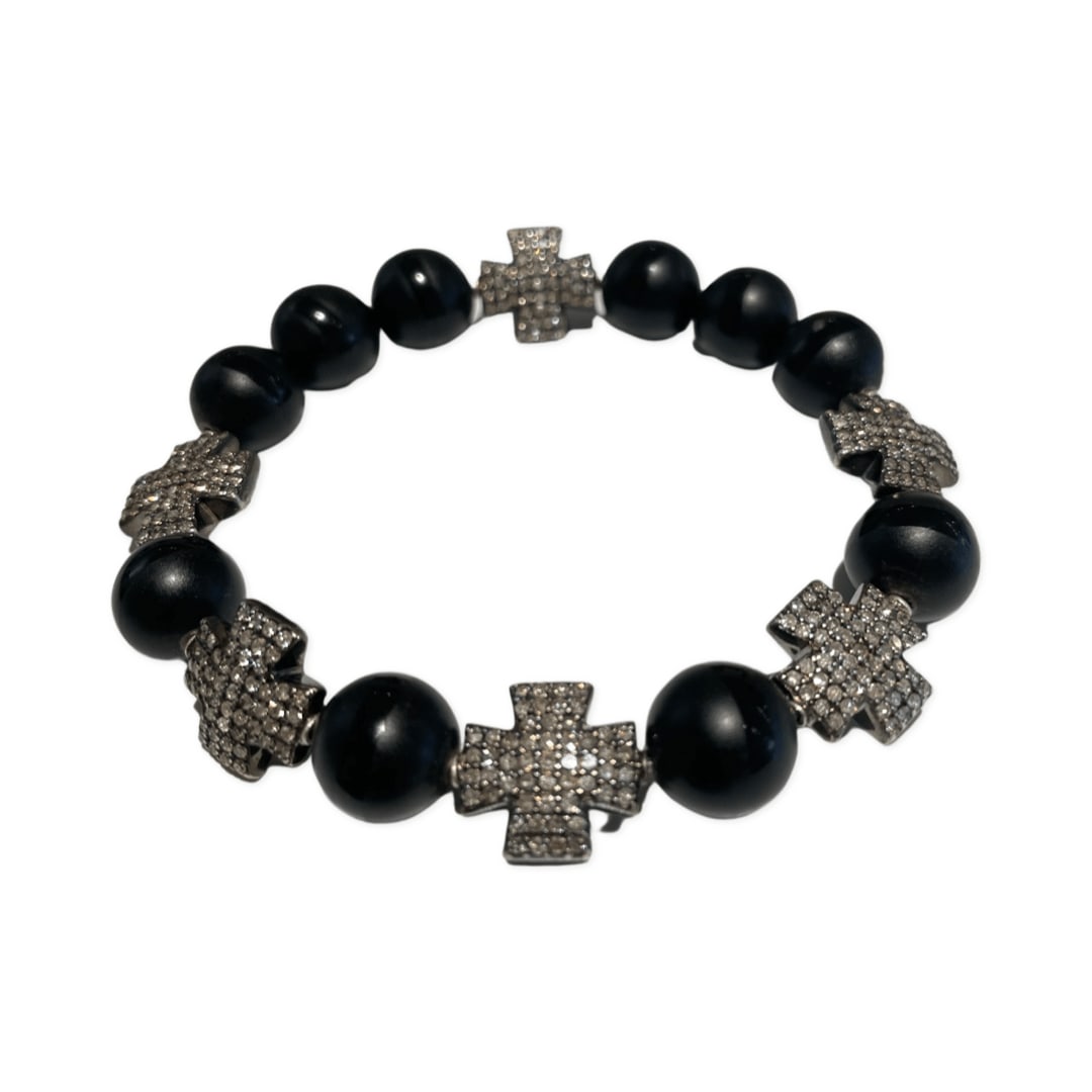 Loree Rodkin, Rnd Black Onyx Beads/6 Pave Crosses Bracelet