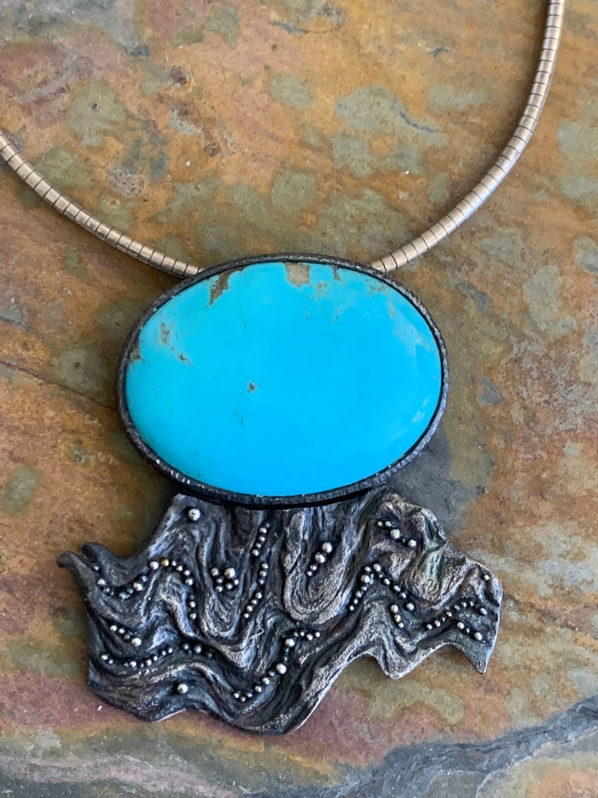 Jenn Dewey, Granulated, Cast Burl Wood & Kingman Turq Sterling Necklace on Leather