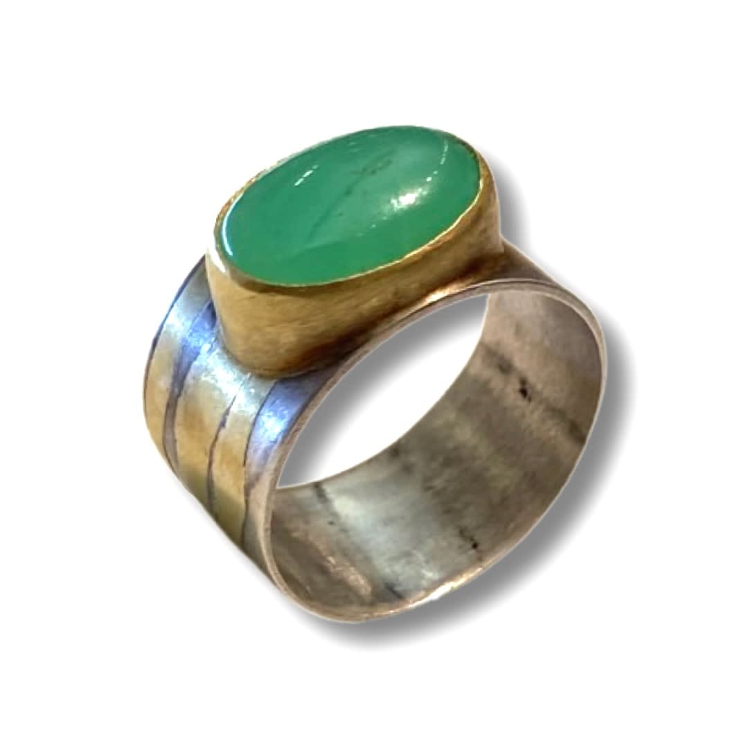 Marki Knopp, Lg Chrysoprase Oval Cabochon Ring, 22K Gold Bezel, Wide SS & 22K Gold Shank